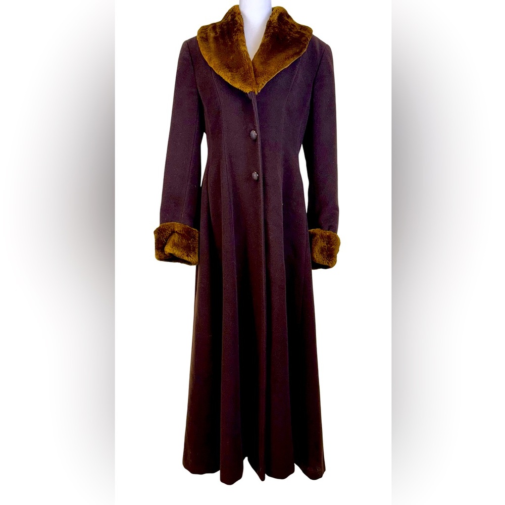 GEORGES RECH PARIS EXTRA LONG BROWN WOOL COAT WITH BEAVER FUR TRIM